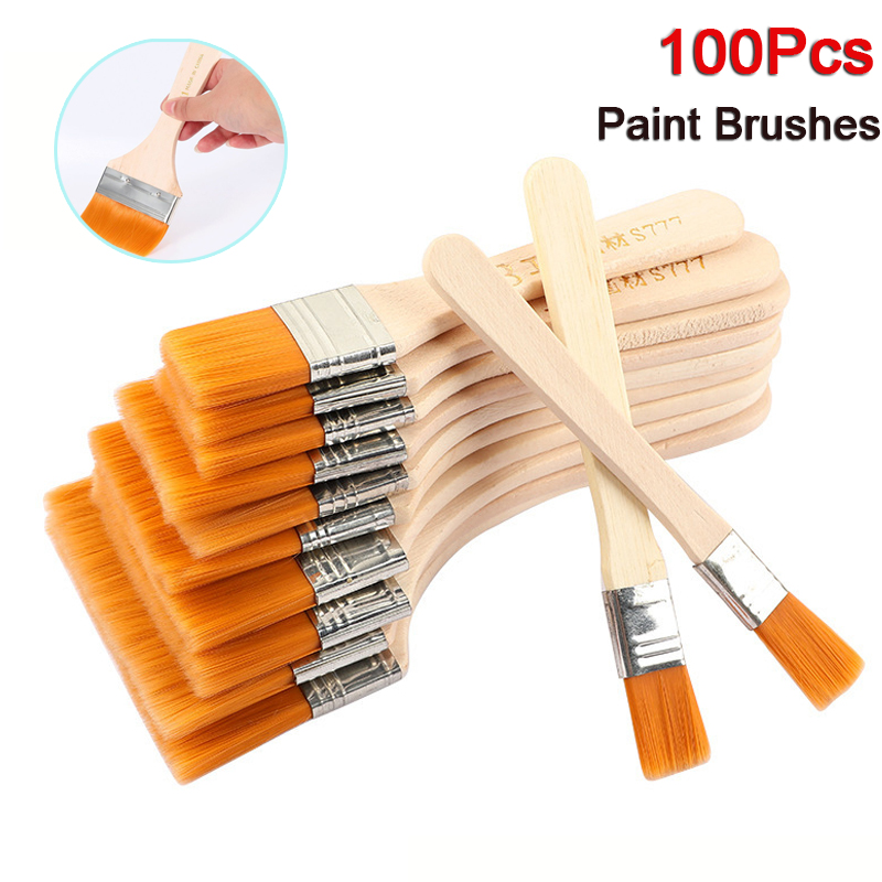 Woodworking School - 100 ชิ้นแปรงทาสีไนลอนขนาดไม้ Handle น้ํามันวาดภาพวาดแปรงสําหรับอะคริลิคภาพวาดสีน้ํามันโรงเรียน Art Supplies