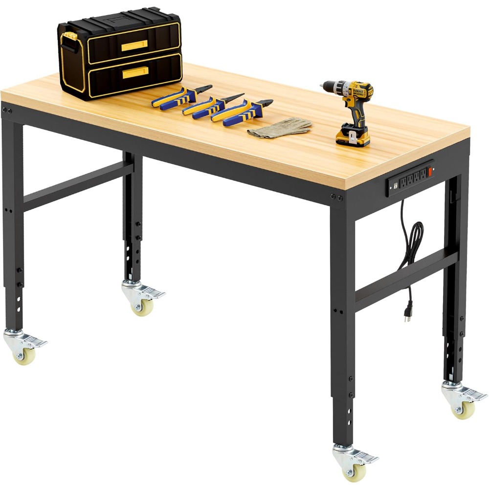 Woodworking Bench - โต๊ะทำงานปรับระดับได้, โต๊ะทำงานไม้สำหรับงานหนัก รับน้ำหนักได้ 2000 ปอนด์, โต๊ะทำงานพร้อมปลั๊กไฟและล้อสำหรับโรงรถ